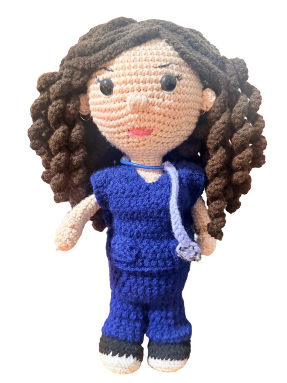 Handmade Crochet Doll in Navy Blue Outfit with Dark Brown Hair